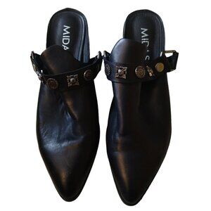 Midas Women's Eu 39 Black Leather Slip On "Delmont" Pointed Toe Block Heels